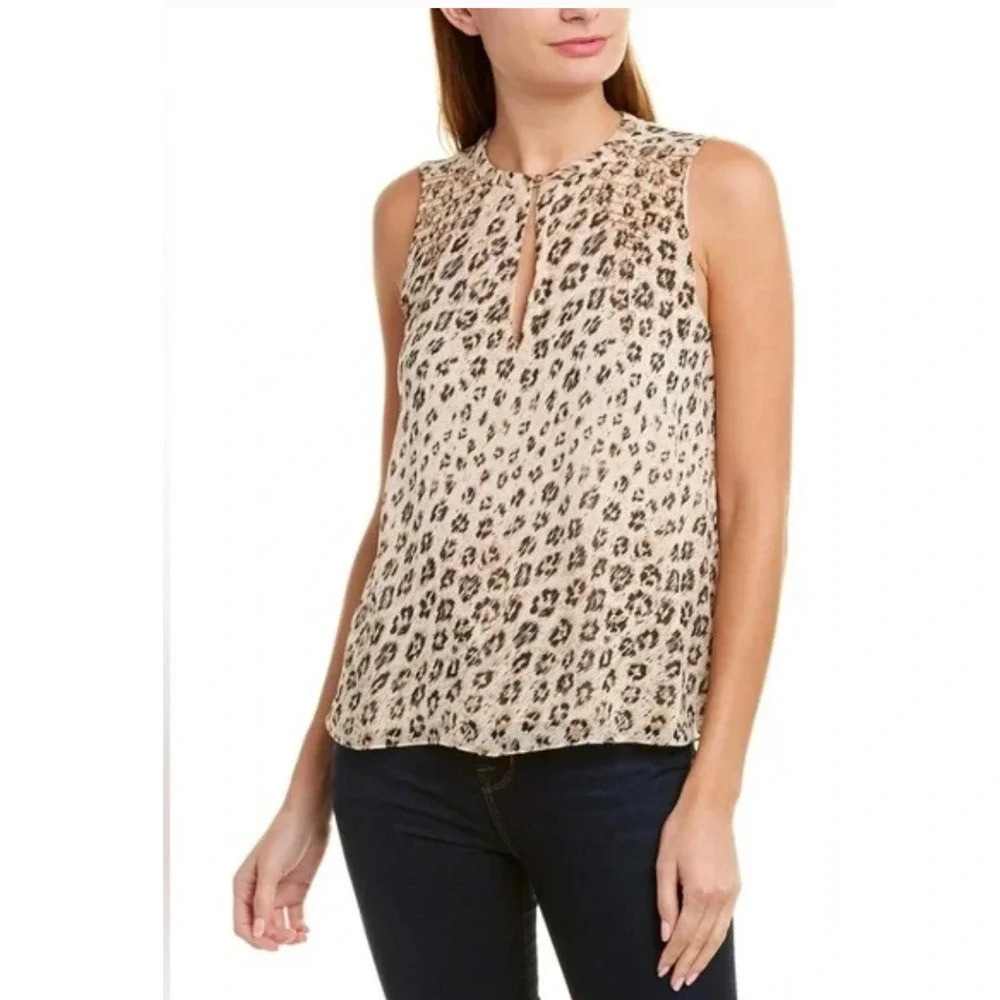 JOIE Corie Sleeveless Silk Shell Top Size XS Cappuccino Leopard Keyhole